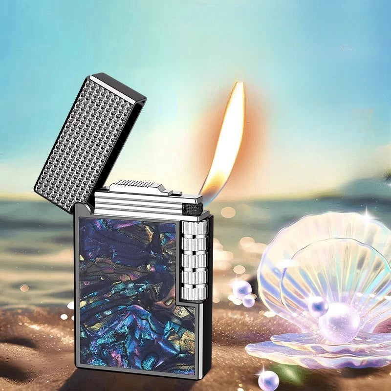 Loud clicking lighter inlaid with colorful shells, gas powered