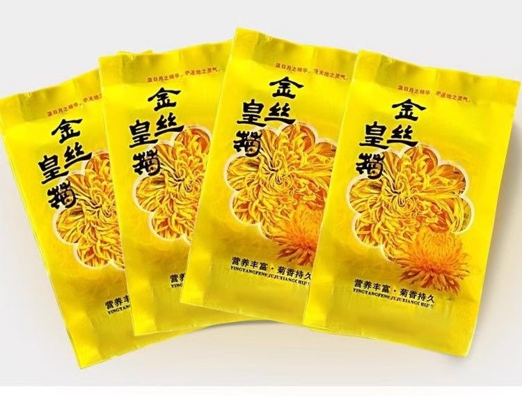 Three packets of Chrysanthemum morifolium ‘Golden Silk’ tea